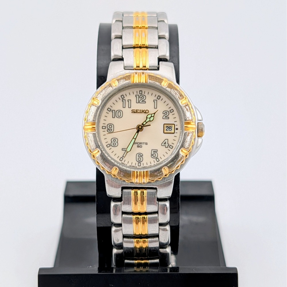 Seiko Sports 50 Two Tone Luminous‎ Dial Date Watch 7N82-0499 28mm Cream Dial